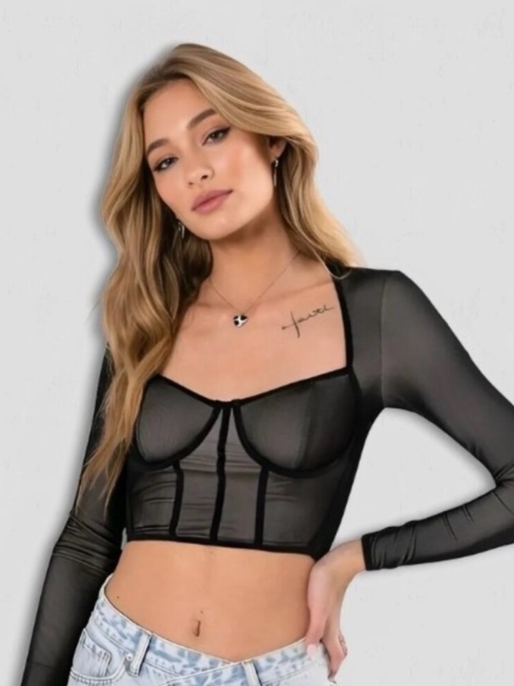 Edikted Black Mesh Corset Crop Top Long Sleeve Bustier Blouse Size M